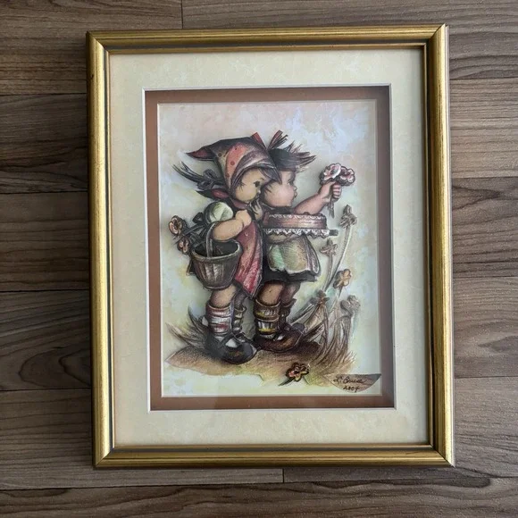 VTG 3D Decoupage Hummel Style Framed Art Two Children Artist Signed Cottagecore - Picture 1 of 14
